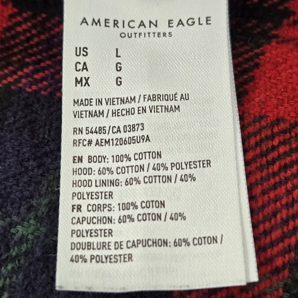 Camisa con botones American Eagle para hombre L roja franela a cuadros cordón larga Foto 3 de 4