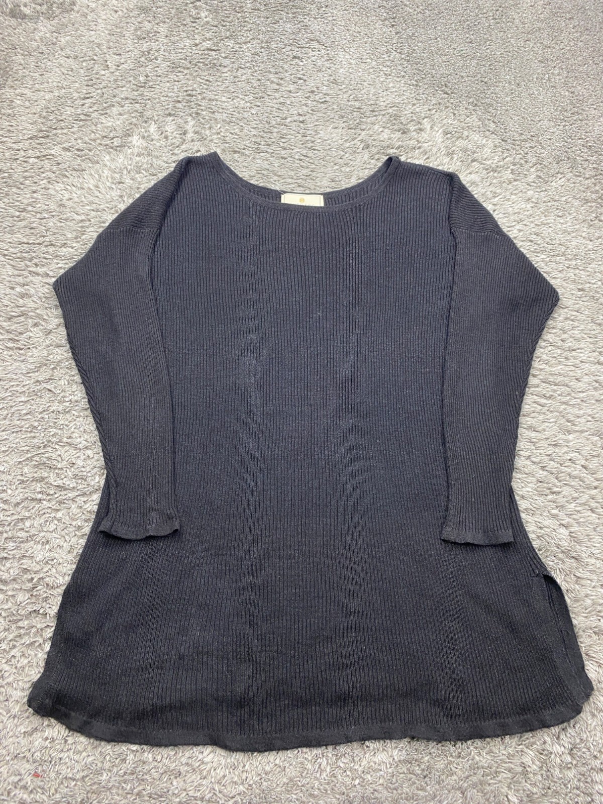 Vtg Express Tricot Sweater Women Medium Black Ribbed Ramie Pullover Tunic 80s