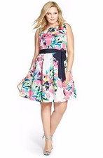 Eliza J Sash Tie Print Faille Fit & Flare Dress (Plus Size) size 16W
