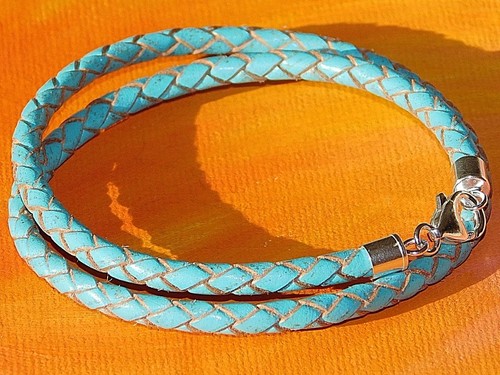 Mens / Ladies 4mm Turquoise leather & sterling silver bracelet by Lyme Bay Art - 第 2/3 張圖片