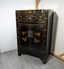 Vintage Hand Painted Black Lacquer Asian Chinese Oriental Cabinet Table B