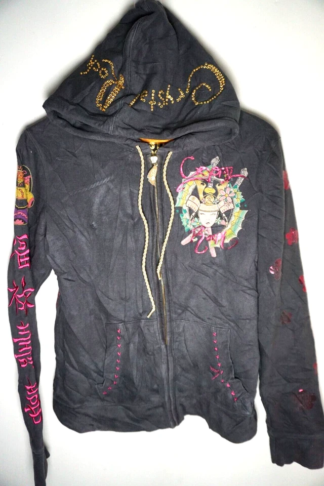 Sudadera con capucha vintage Christian Audigier para mujer grande gris rosa japonés Y2K grunge Foto 2 de 4