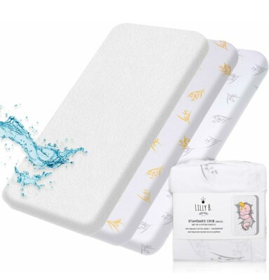 Lilly B Pack of 3-Organic Cotton 2 Crib Fitted Sheet + 1 Waterproof Mattres Pad
