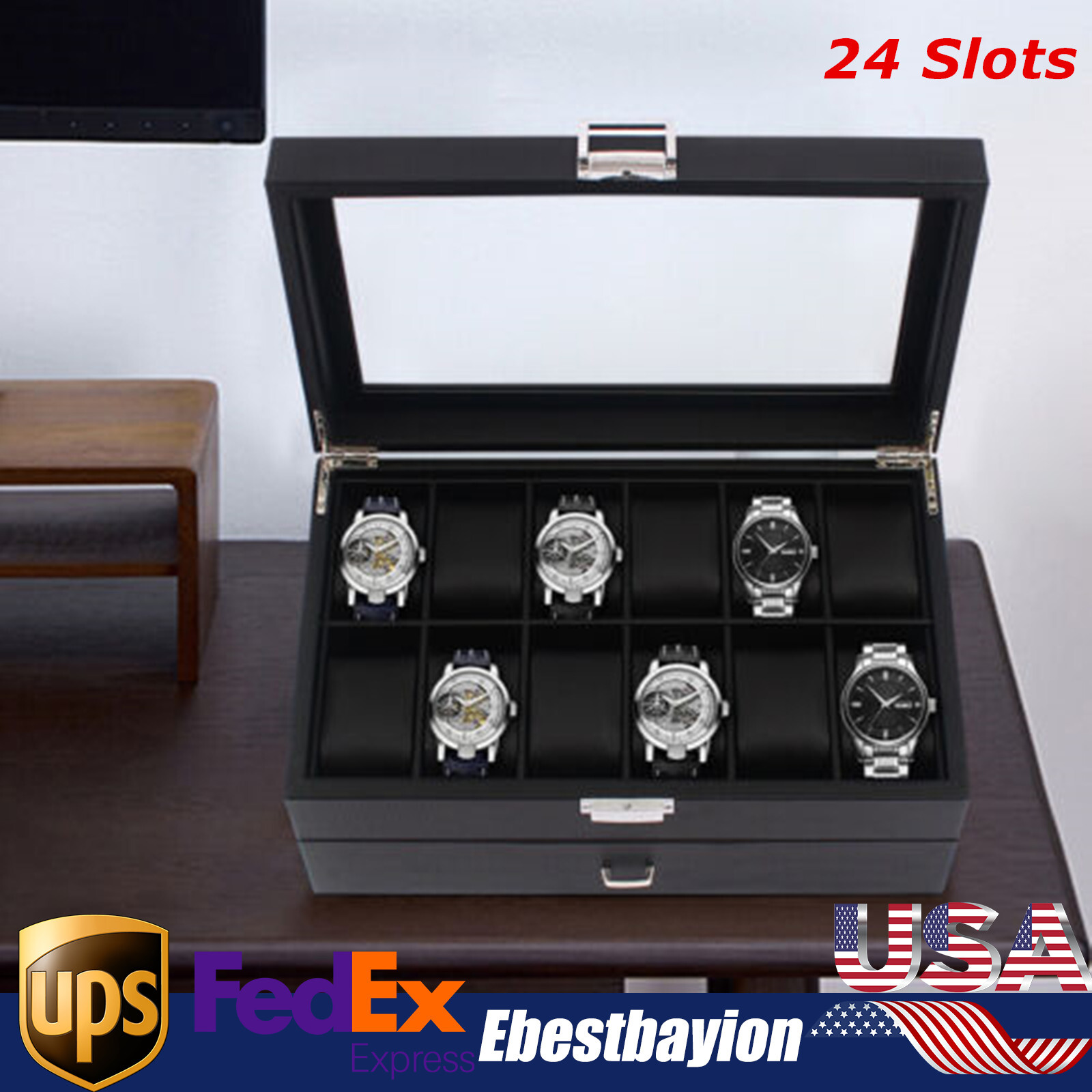 24-Slot Luxury Men's Watch Display Case with Jewelry Organizer Storage