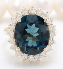 10.30 Carat Natural London Blue Topaz and Diamonds in 14K Solid Yellow Gold Ring