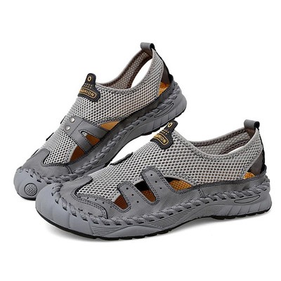 Handmade Summer Walking Sandals Men Breathable Leather Hollow Beach Flat Shoes