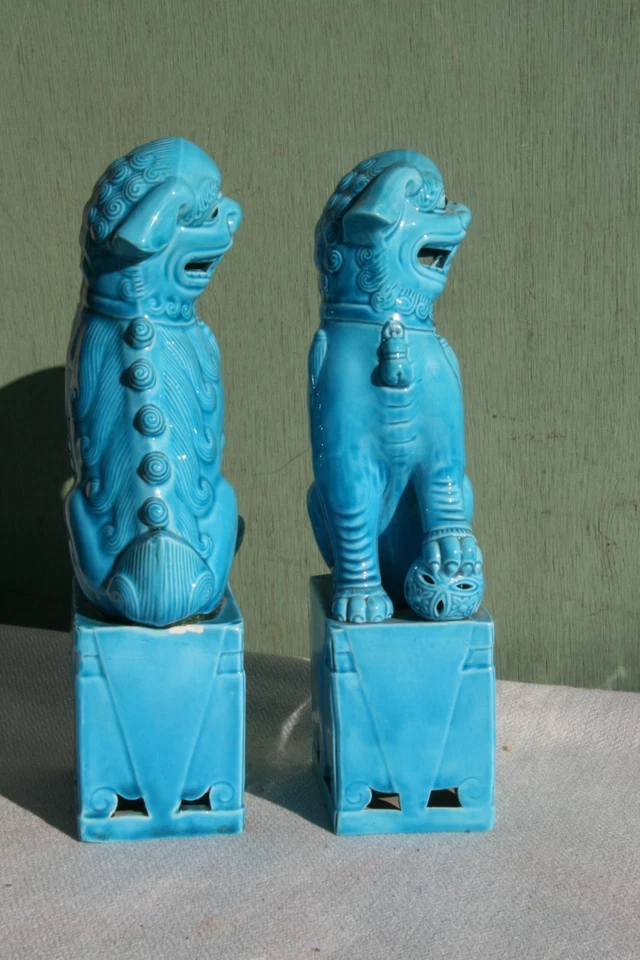 2 chiens Fo en céramique vernissée bleu de chine - Photo 4/4