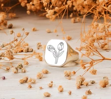 925 Sterling Silver Birth Month Flower Signet Engraved Ring US Dutry Free