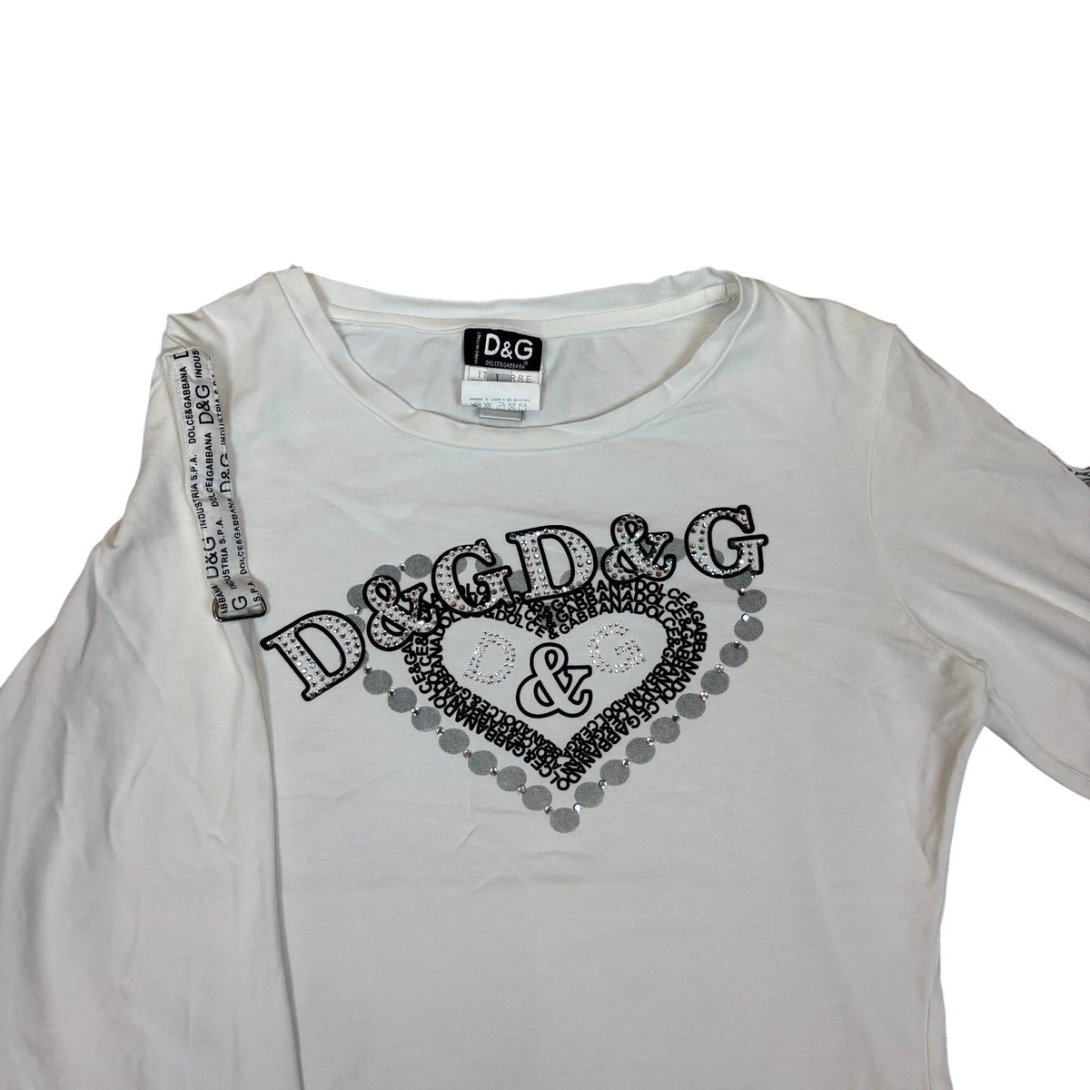 00s DOLCE&GABBANA ロンT D&G y2k 平成 ホワイト Vintage Y2K Dolce & Gabbana D&G Rhinestone Long Sleeve Top Women's