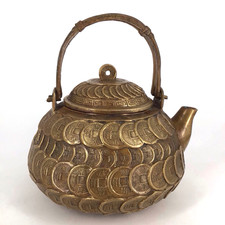 Vtg double handle Bronze Chinese Teapot Thousand Coin Design Wealth Luck signed