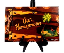 Vintage OUR HONEYMOON Wood PHOTO ALBUM FLAMINGO Kitsch MIAMI BEACH Junk Journal