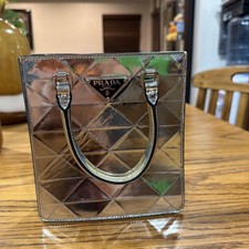 PRADA Hand Bag Metallic Leather Silver Authen...