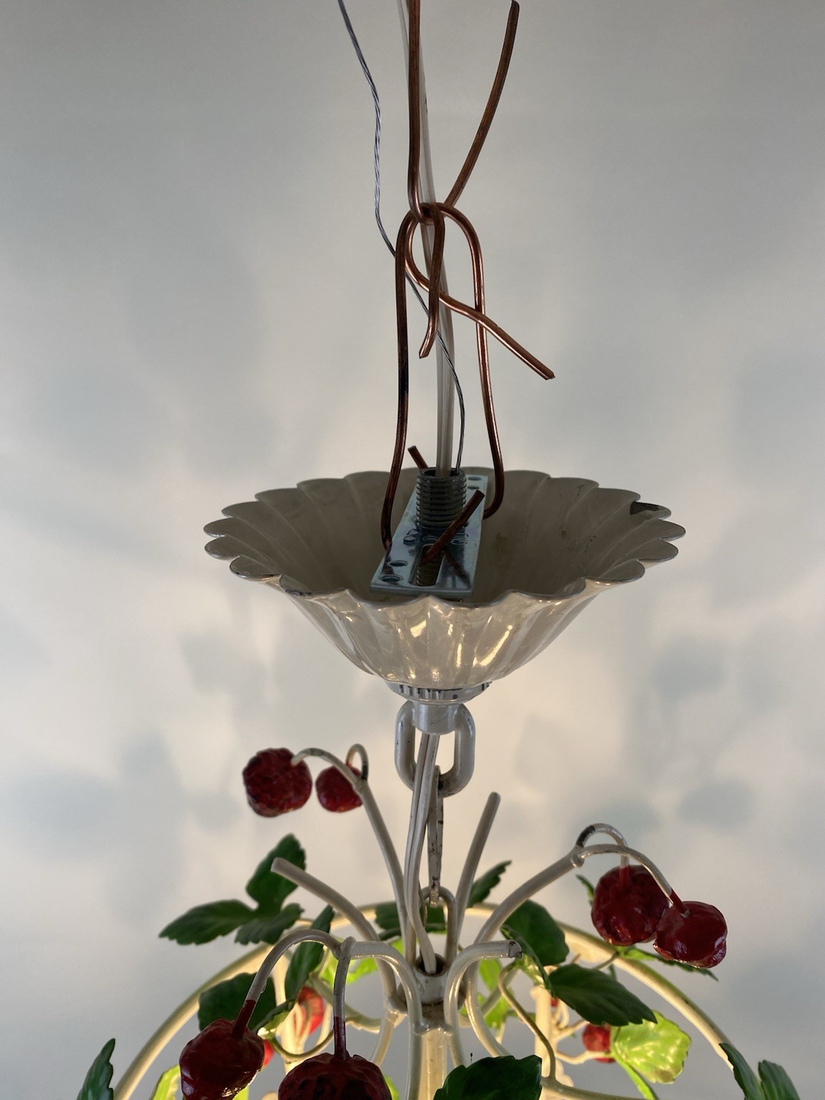 Vintage Italian Tole Strawberry Chandelier Fixture Birdcage Metal Three Sockets