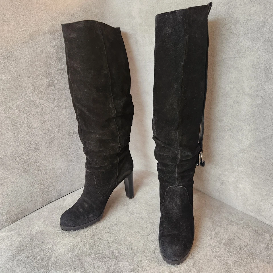 Tapeet Vicini 高跟靴 10 黑色麂皮绒及膝高凸鞋底懒散意大利制造 — 第 3/4 张图片