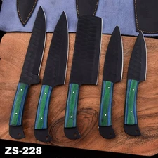 Handmade Chef Black Hammered Steel Blades  Knife Set 5 Pcs | Green & Blue Handle