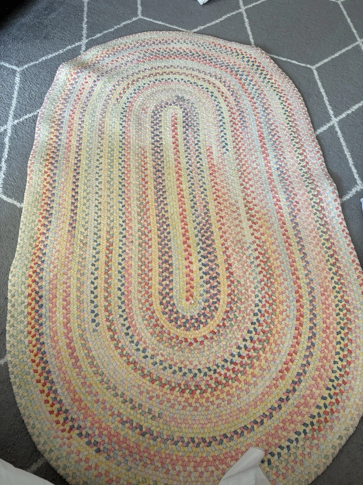 Alfombra de chenilla Pottery Barn trenzada ROSA arco iris pastel cabaña alfombra ovalada *LEER Foto 2 de 4