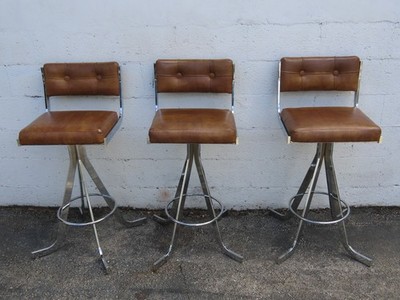 Retro Mid Century Modern Swivel  Vinyl and Chrome Barstools a Set of Three 6373