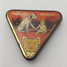 VINTAGE MARSCHALL GRAMOPHONE NEEDLE TIN Triangular Dog & Baby Antique Germany N9