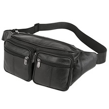 Genuine Leather Fanny Pack/Waist Bag/Organizer with Adjustable Black-878 Large