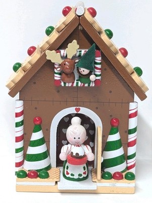 Vintage Wooden Gingerbread House Music Box with Mrs. Claus Christmas