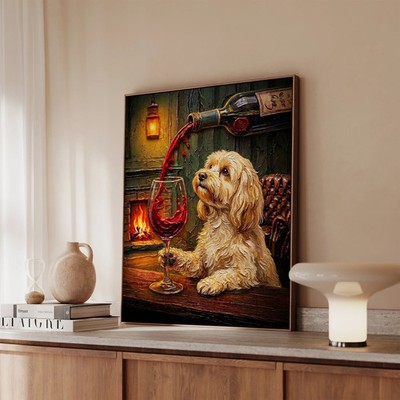 ''Wine & Woof'' - Havanese Vertical Framed Canvas - Dog Lover Wall Art