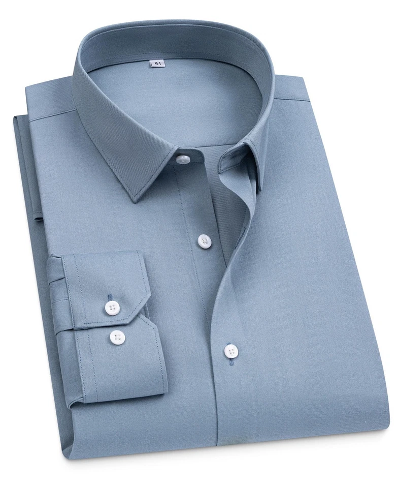 Camisas de vestir para hombre sin hierro negocios mangas largas seda bambú camisas informales Prendas para el torso Foto 3 de 4