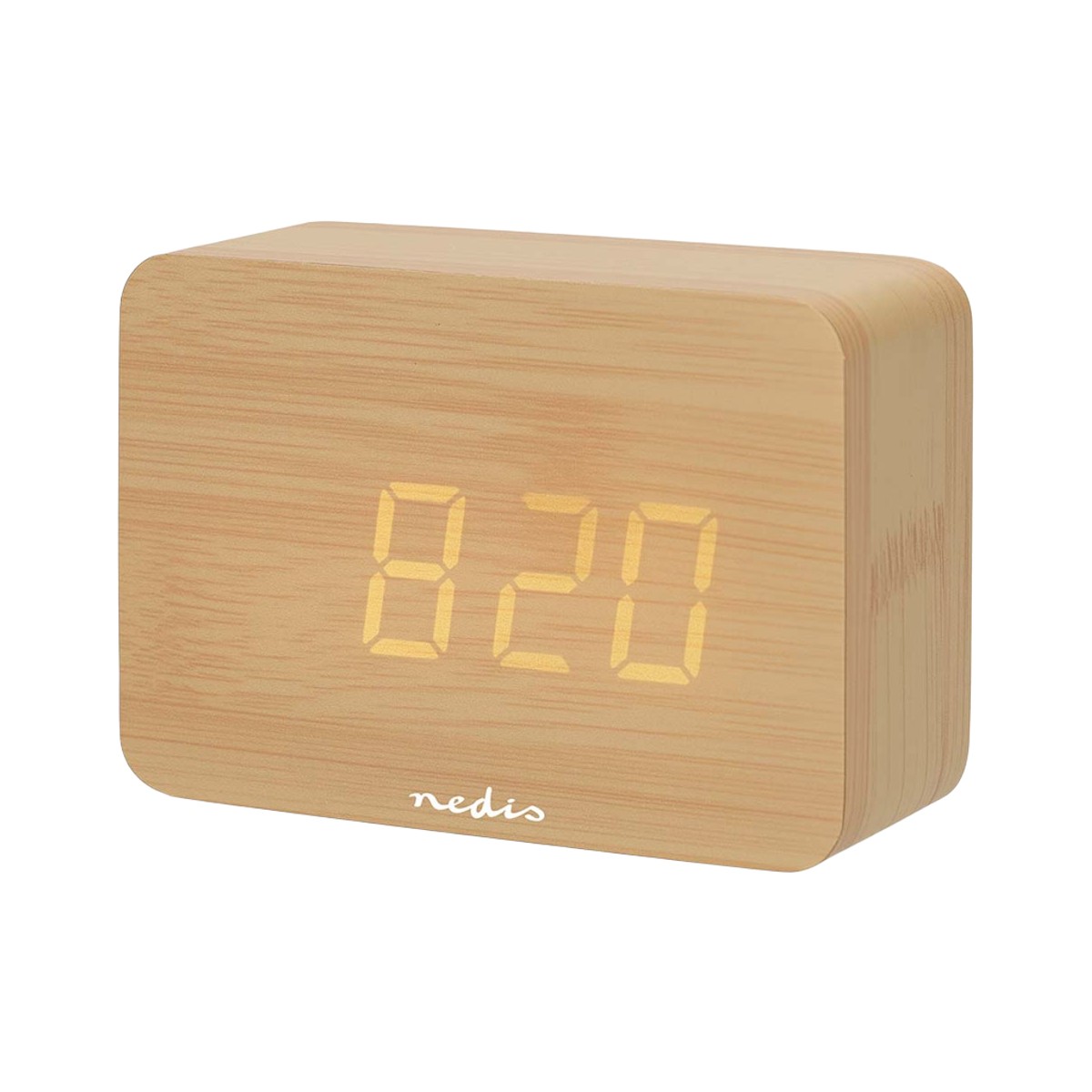 Réveil en bois Nedis marron avec alarme LED snooze et horloge digitale compacte