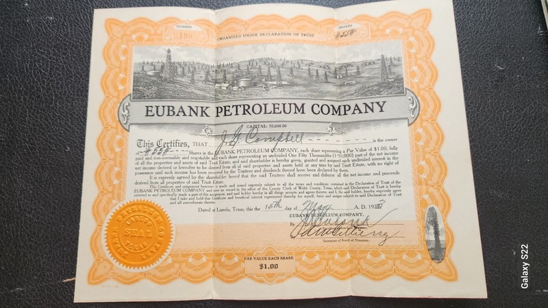 1923 Eubank Petroleum Co. Shares Certificate Scripophily 