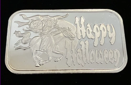 Happy Halloween Headless Horseman 1oz .999 Fine Silver Art Bar Bu In Capsule