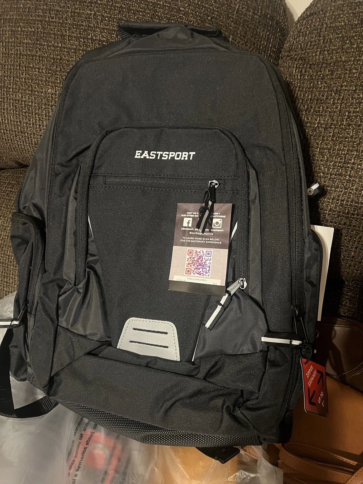 New Eastsport Black Titan 3.0 Backpack - Laptop Sleeve Zipper Expands NWT