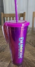 2024 Dunkin Donuts 24 oz Valentines Day Tumbler, Heart Shaped Straw Irridescent