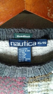 Vintage 80s/90s NAUTICA Hand Knit Wool Cotton Sweater Check - XL