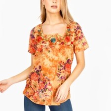 Vintage Goa Square Neck Floral Embroidered Boho Women's Top in Mango ~ Large NWT