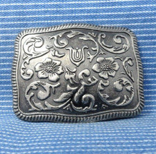 Western Floral Scroll Belt Buckle Gray Silver Cowboy Cowgirl Vintage 90s  .B206