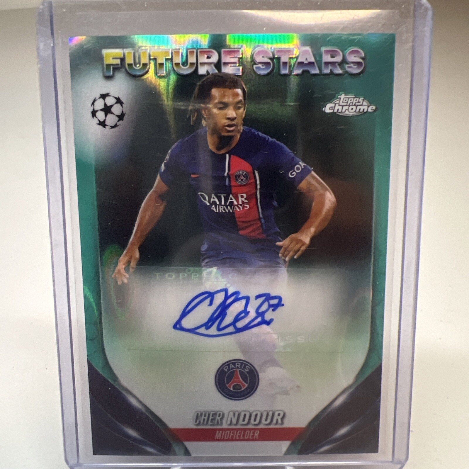 2023-24 Topps Chrome UEFA Future Stars Auto CHER NDOUR Aqua Lava PSG Rare SP!!!