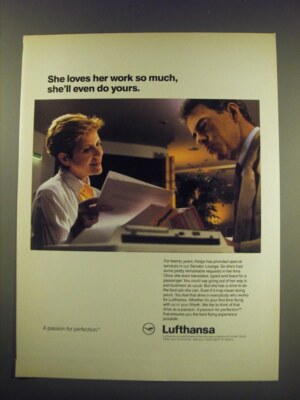 1991 Lufthansa Airline Ad - She loves her work so much, she'll even do yours