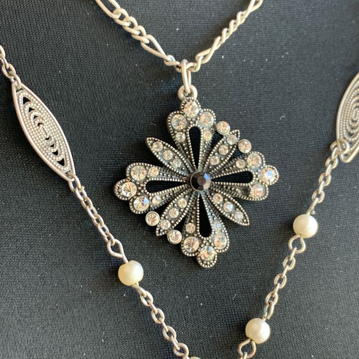 Silver Tone Double Layer Maltese Cross Faux Pearl Rhinestone