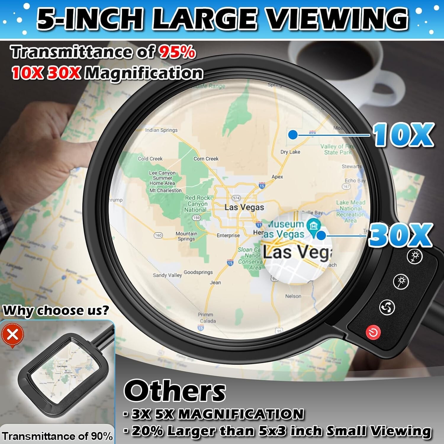 30X 10X Large Floor Magnifying Glass with Light and Stand,72 LED Adjustable H...