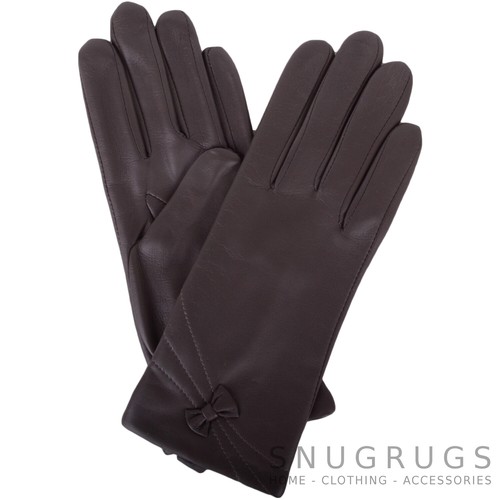 Ladies / Womens Soft Leather Warm Glove / Gloves with Fleece Lining Bow Design - Picture 3 of 5