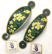 April Cornell Handicrafts Toleware 2pc Set Lot Green Floral Metal Drawer Handles