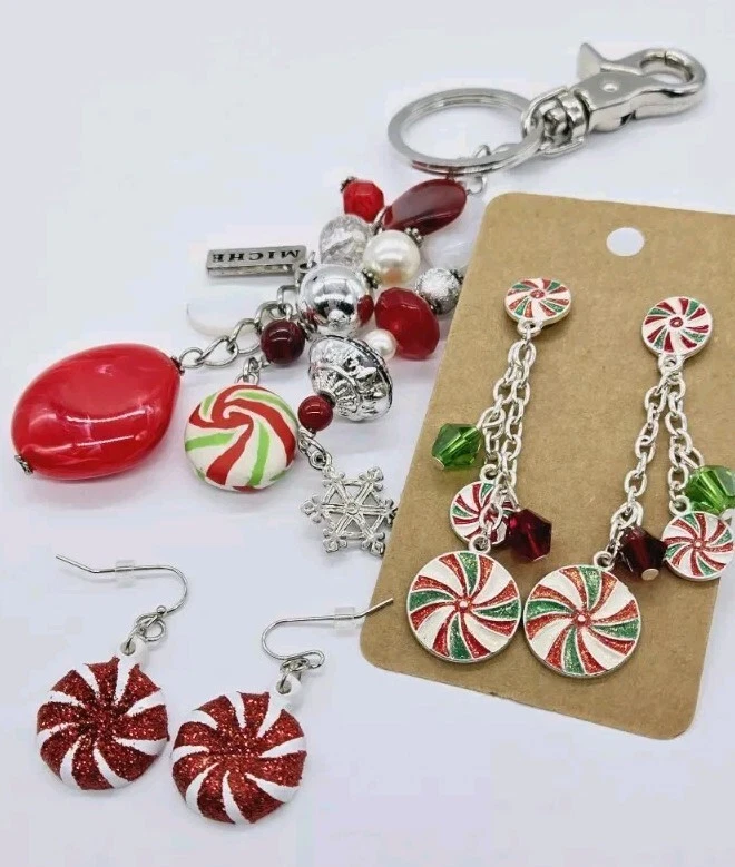 LOTE DE 3 PIEZAS de pendientes de menta tono plata con encanto con llavero de caramelo Foto 3 de 4