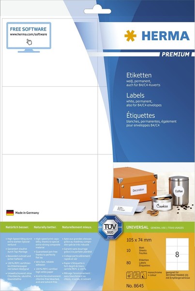 Herma 8645 8645 Premium Etikett - Weiß, 105X74 Mm, Permanent, 80 StüCk-image