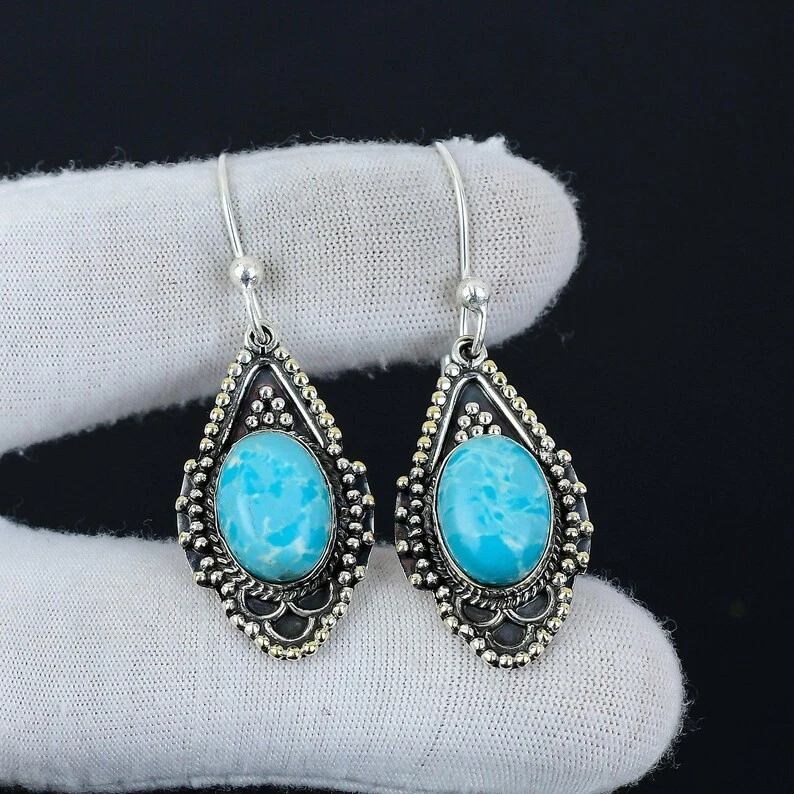 Blue Larimar Gemstone Handmade 925 Sterling Silver Jewelry Earring Size-1.65" - Image 3 of 4