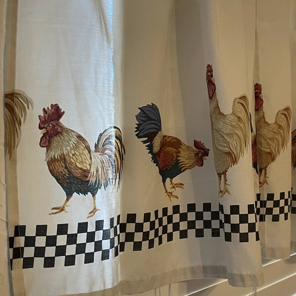3 Pc Vtg Chicken Rooster Farm Country Curtain Panels Valance Checkered Black - Image 4 of 4