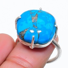 Copper Blue Turquoise Gemstone 925 Sterling Silver Jewelry Ring Size Adj. W682