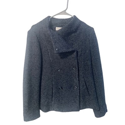 LOFT Cropped Pea Coat Womens M Navy Blue Textured Knit