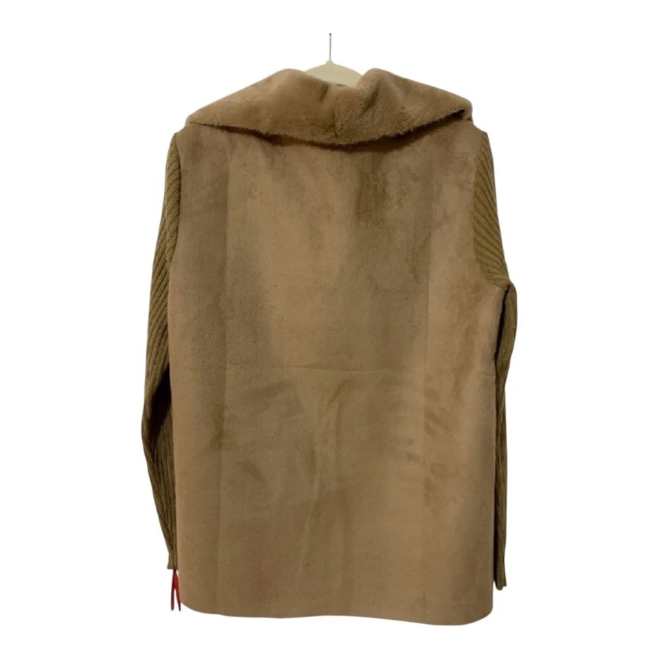 NWT Faux Tan Suede Jacket Soft Faux Fur Trim Knit Arms Size Medium,  MSRP $74 - Image 2 of 4