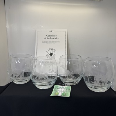 Handmade Etched African Safari Stemless Wine Glasses from Kenya Luo Artisans COA