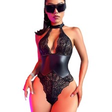 Women's Halter Lace and Faux Leather Bodysuit with Open Back and Deep V Cut