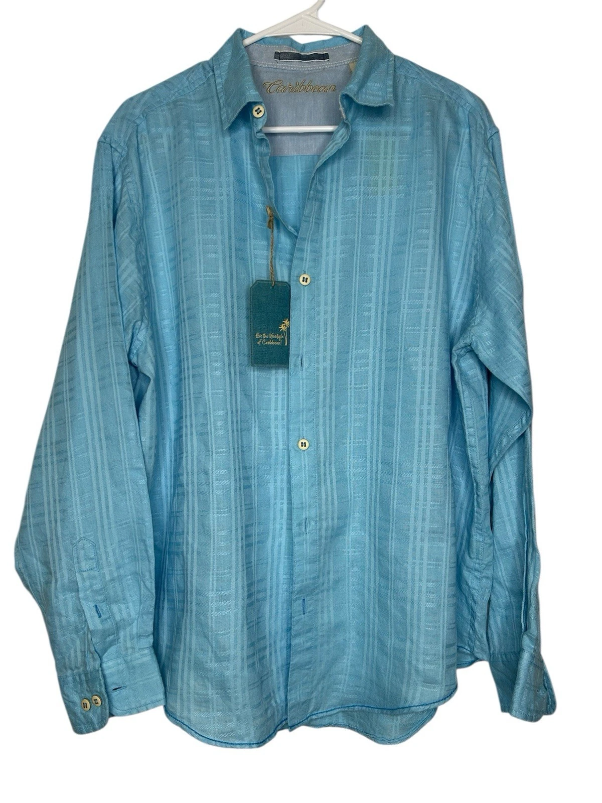 Caribbean Men’s Linen Light Blue Size Large Vacation, Beach, Coastal Lightweight